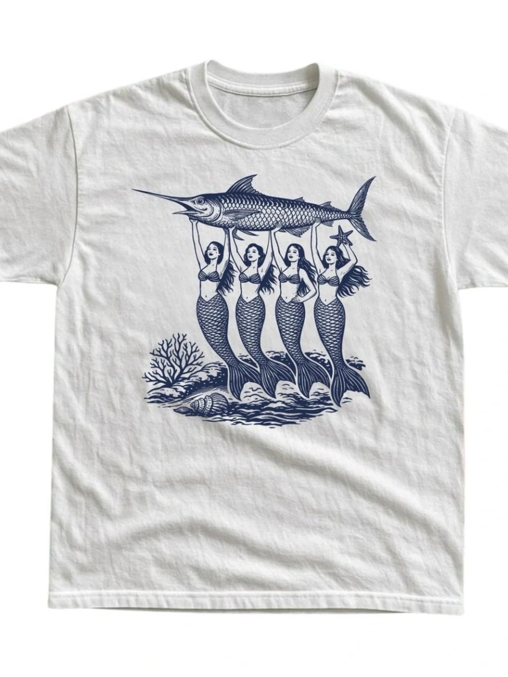 Gildan White Tee with Navy Mermaid & Swordfish Art
